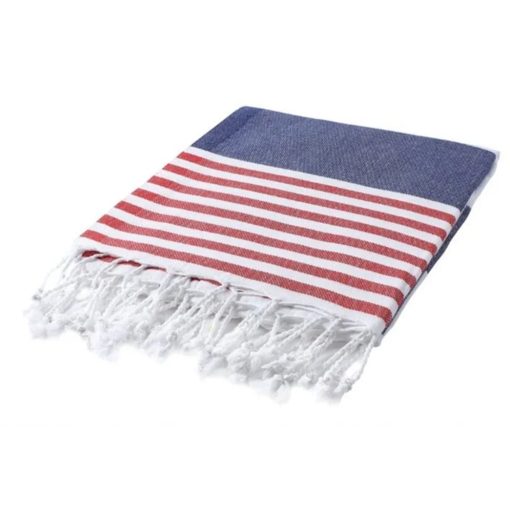 4 Red White Blue Striped Beach Bath Towels - 100% Turkish Cotton